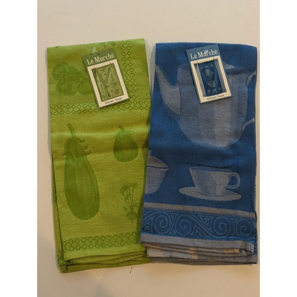Le Marche Kitchen Towels Set of 2 Green Blue Vegetable Jacquard NWT